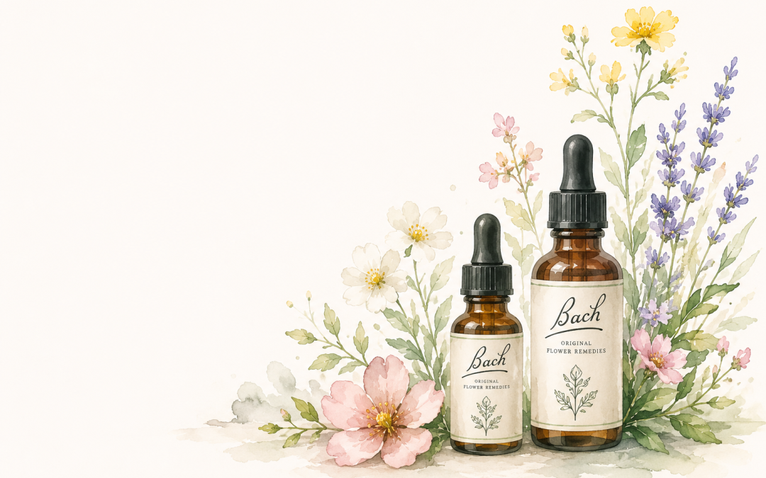Bach flower remedy bottles surrounded by wildflowers