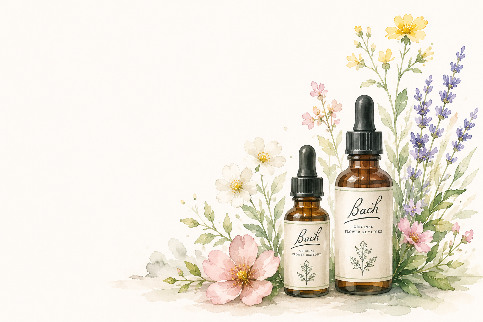 Bach flower remedy bottles surrounded by wildflowers